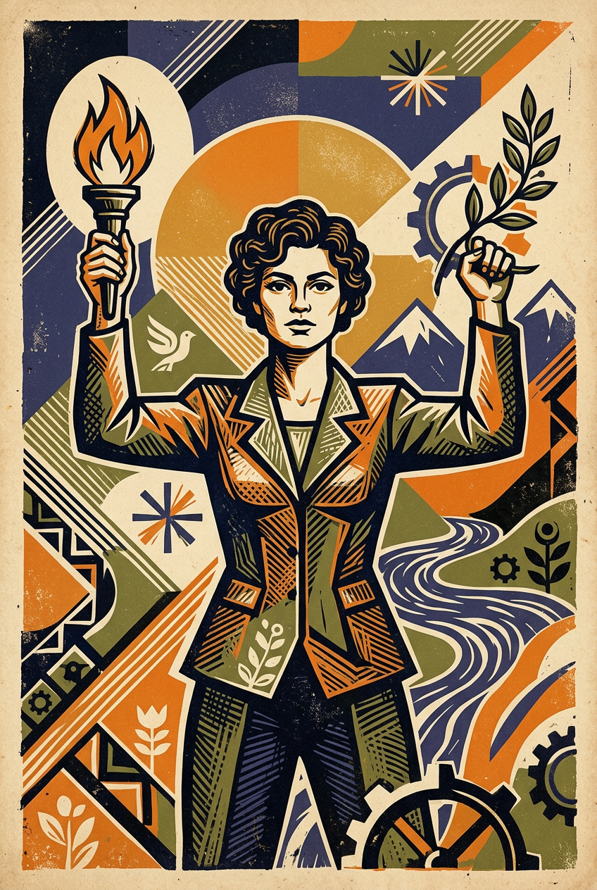 Affiche propagande vintage, poster femme au flambeau