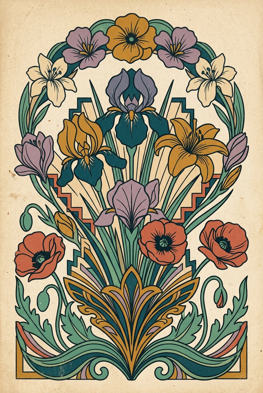 Affiche fleurs Art nouveau, poster iris et pavots