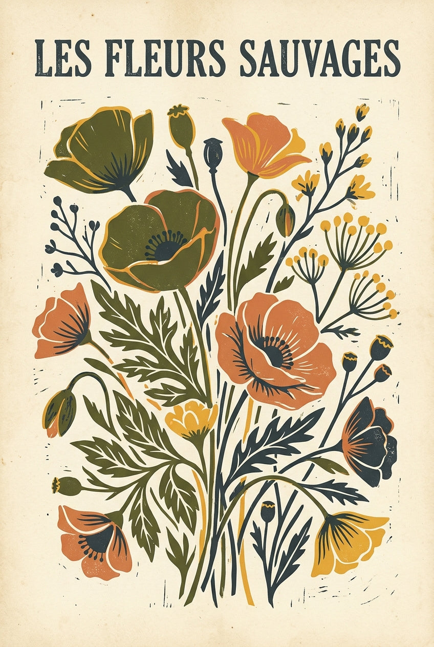 Affiche Les Fleurs Sauvages, style linogravure | Afich