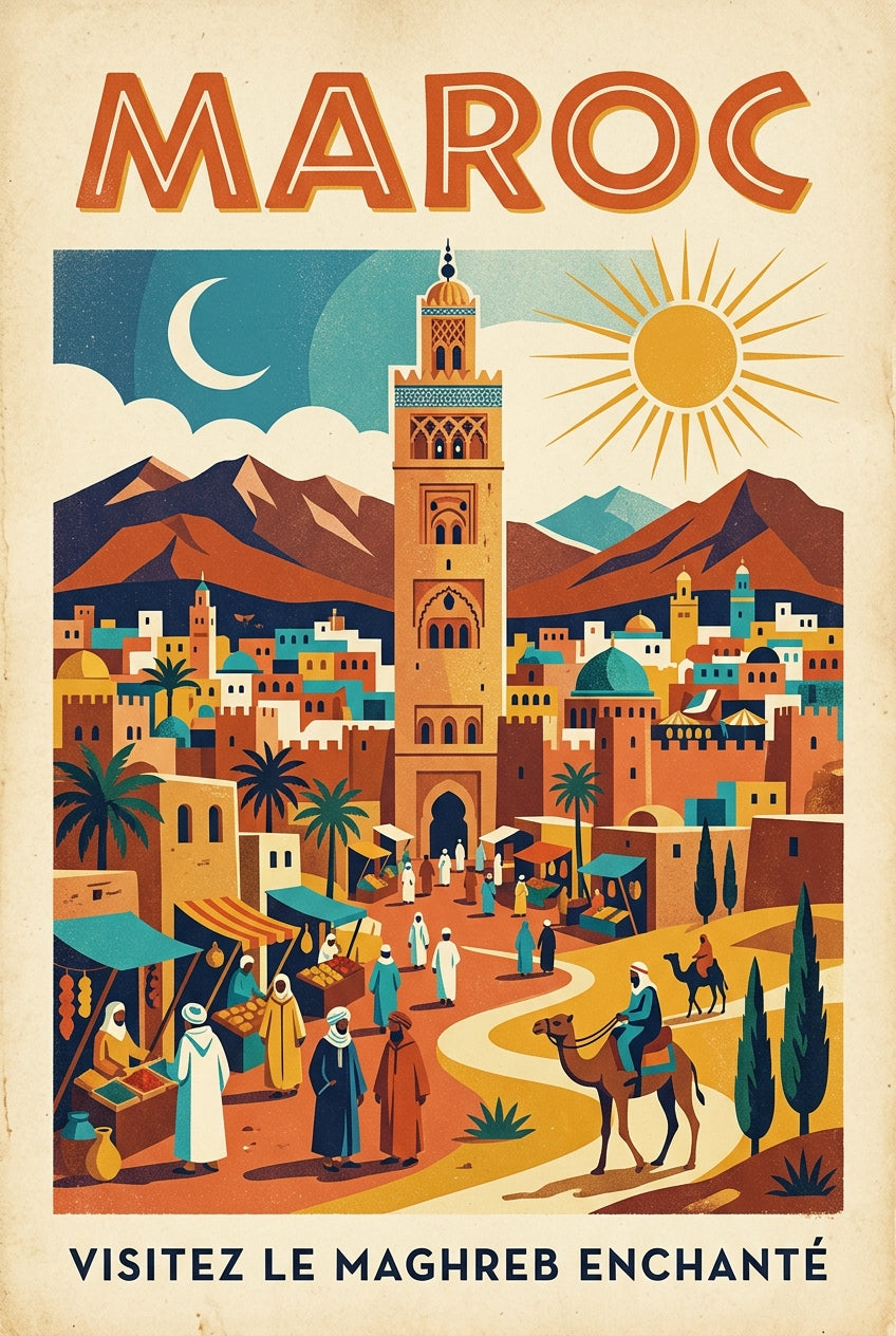 Affiche du Maroc vintage, poster minaret | Afich