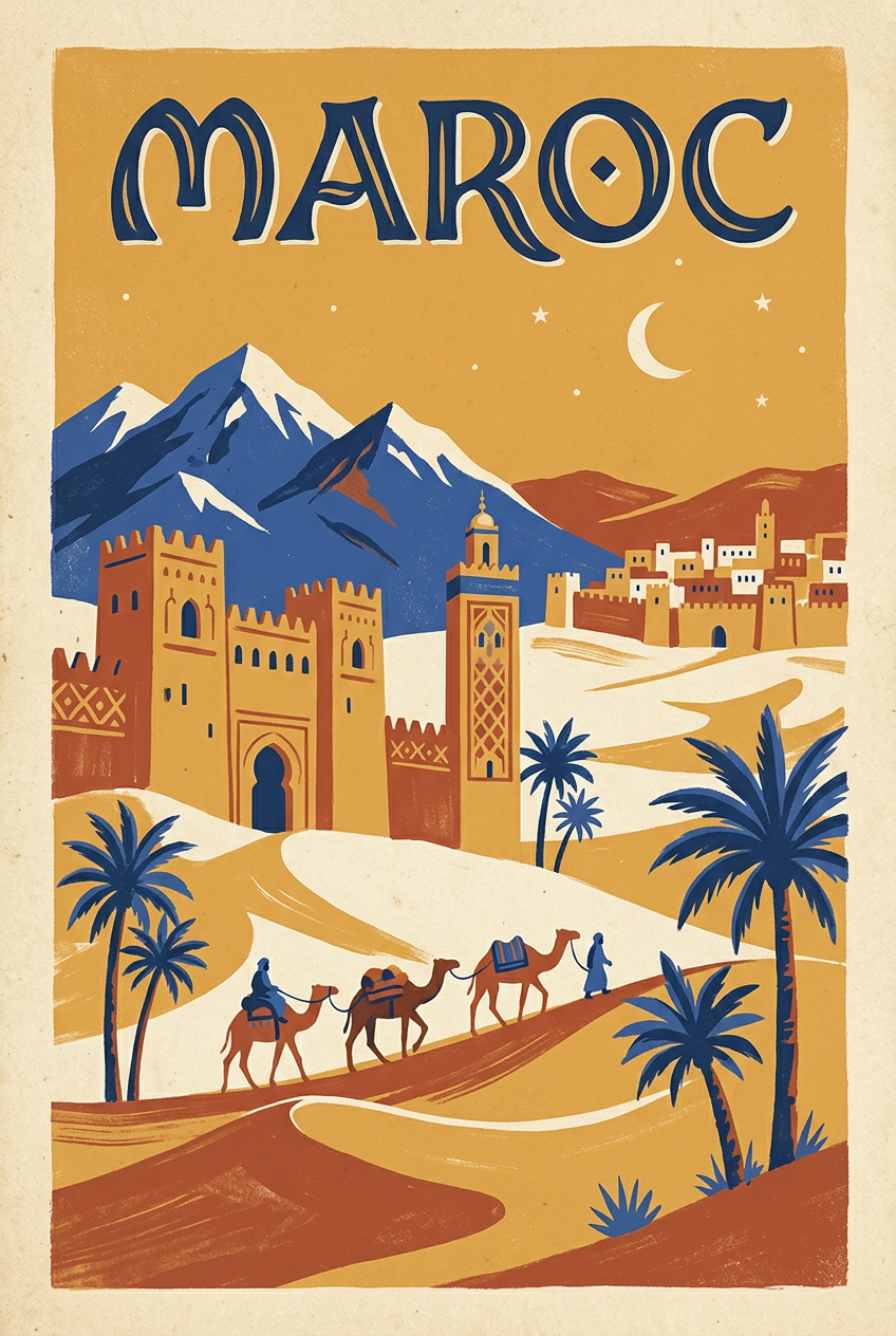 Affiche du Maroc, poster vintage désert et montagnes