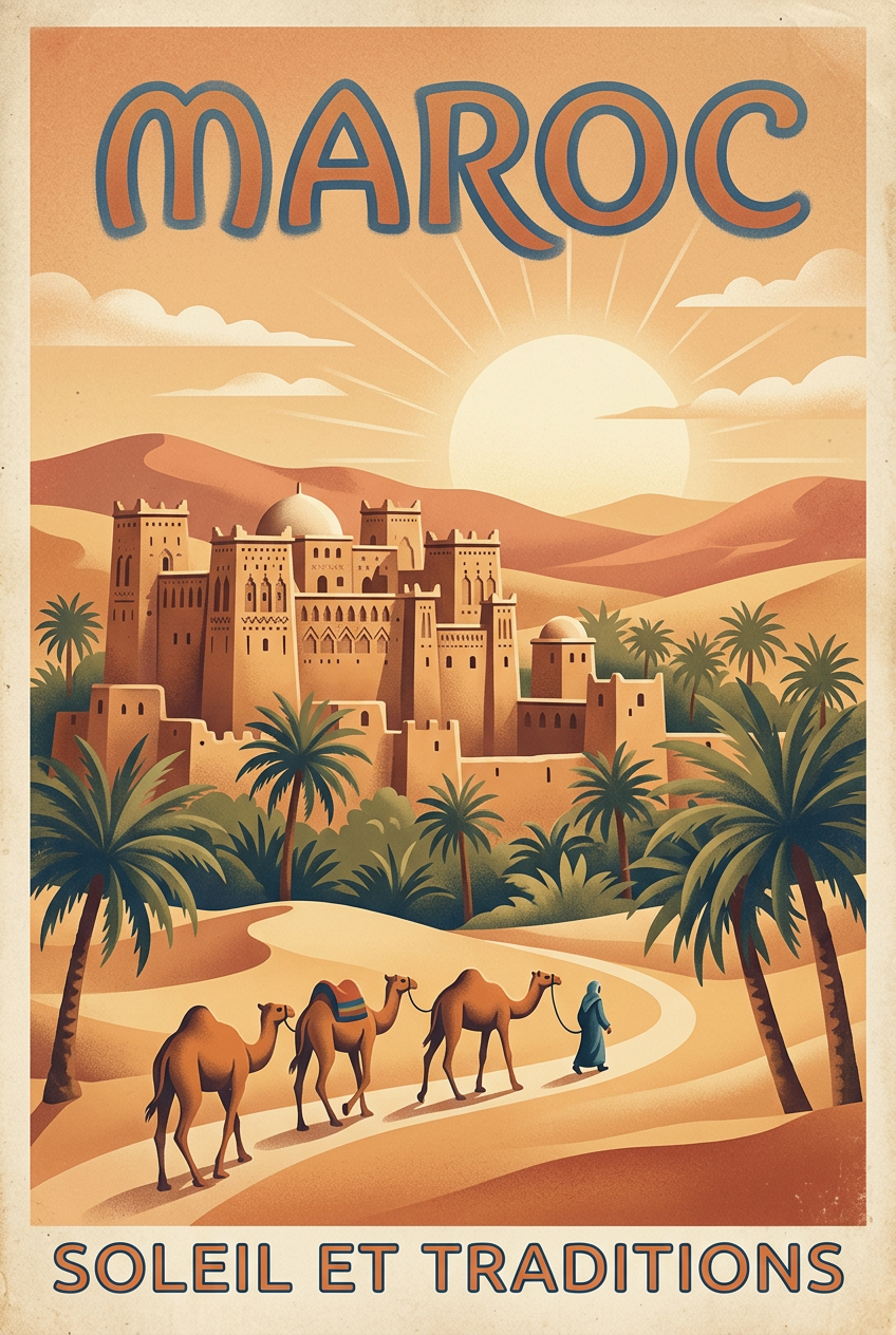 Affiche du Maroc, kasbah et dromadaires | Afich