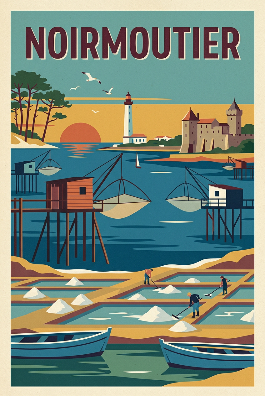 Affiche Noirmoutier, dessin vintage marais salants