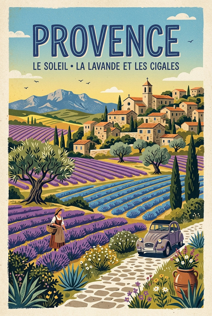 Affiche de Provence, poster village et 2CV | Afich