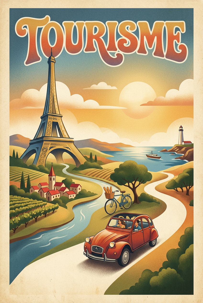 Affiche Tourisme vintage, poster 2CV et Tour Eiffel