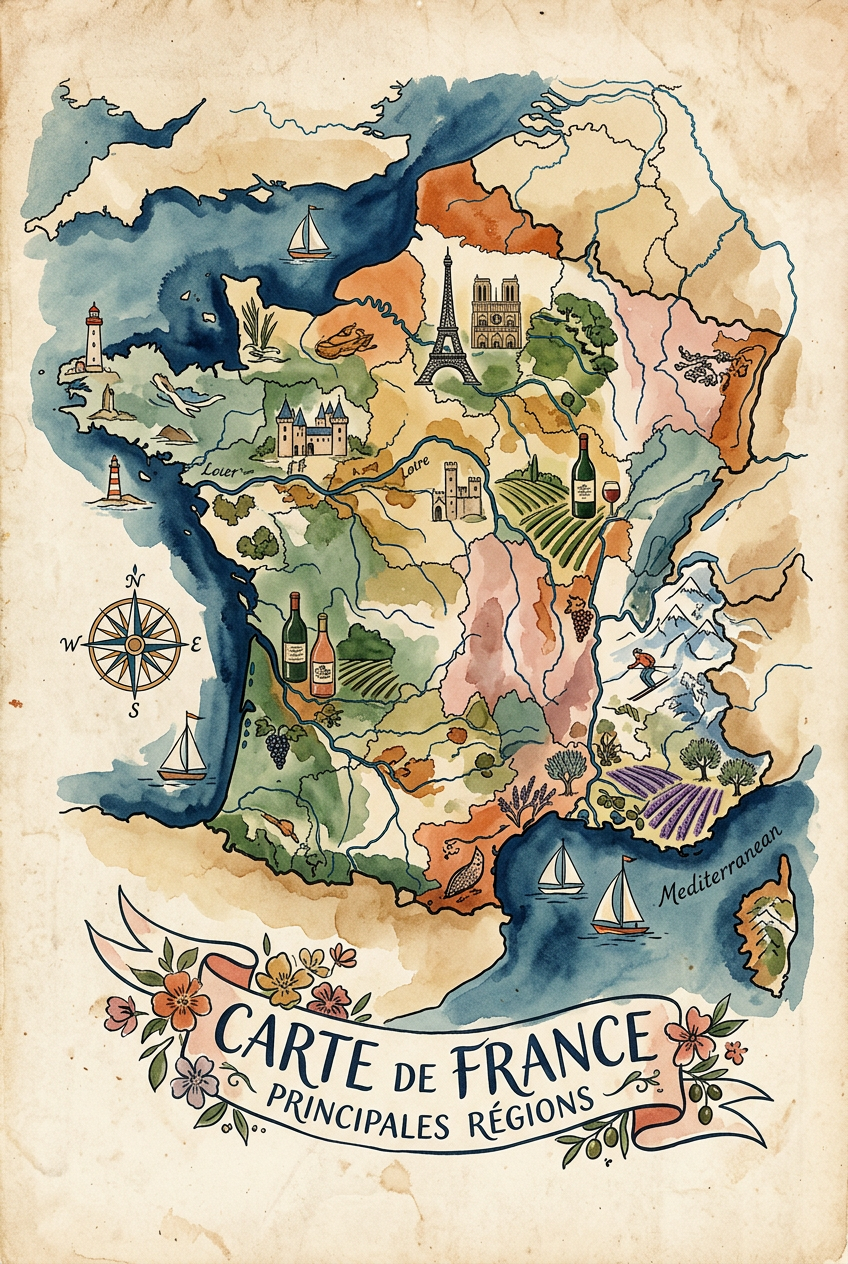 Affiche de la France vintage, carte illustrée | Afich