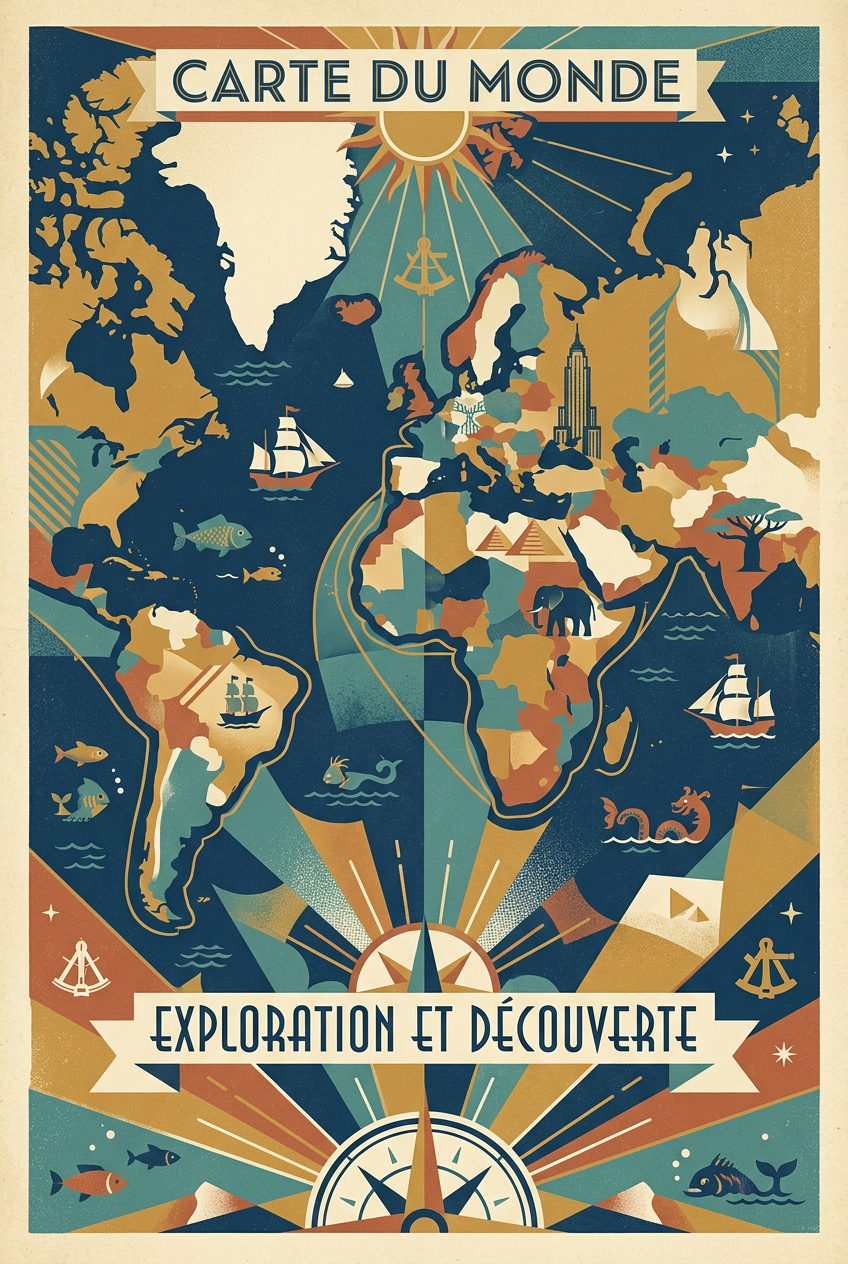 Affiche Carte du monde vintage, style exploration | Afich
