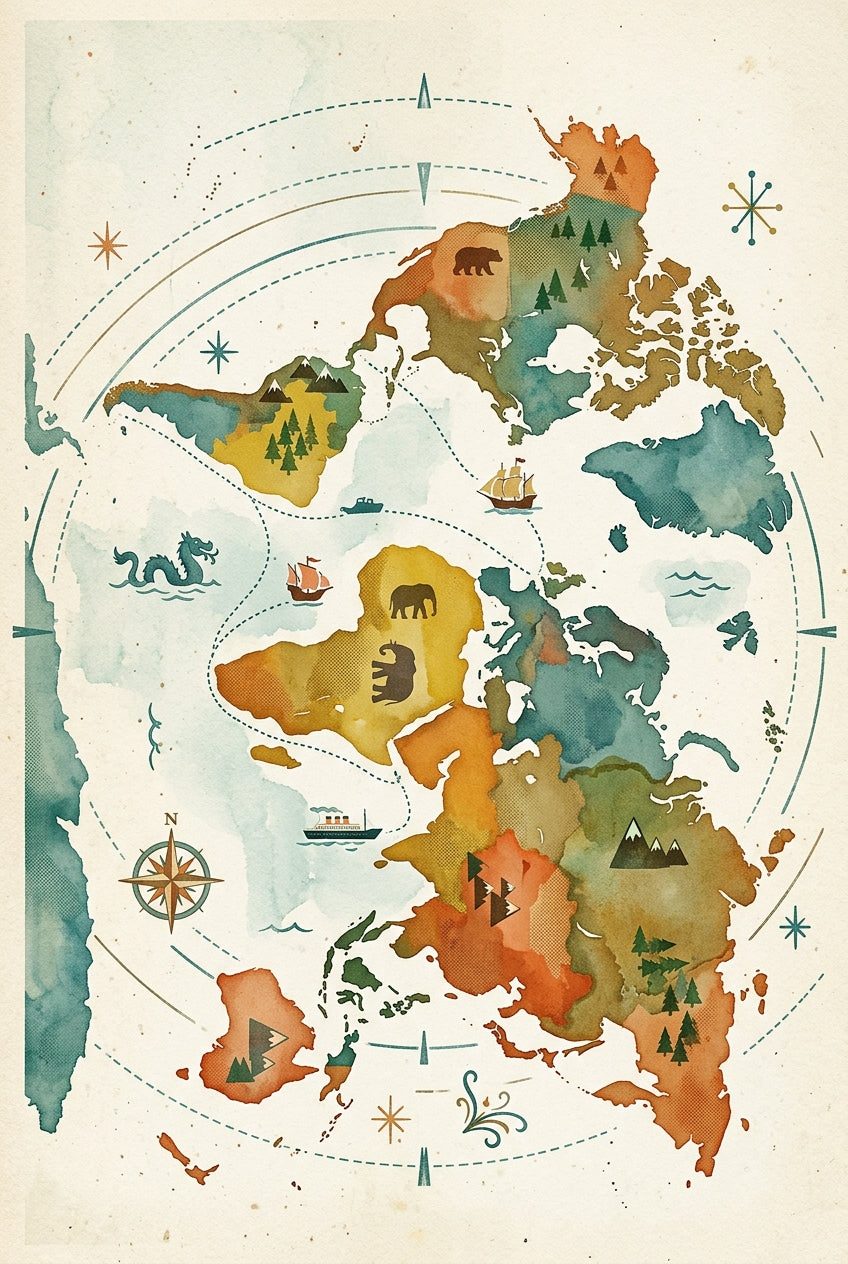 Affiche mappemonde vintage, poster illustré | Afich
