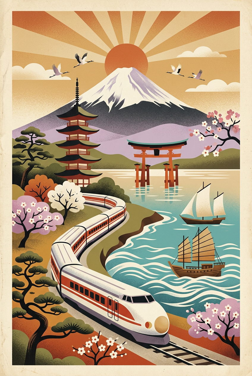 Affiche du Japon vintage, Mont Fuji et pagode | Afich