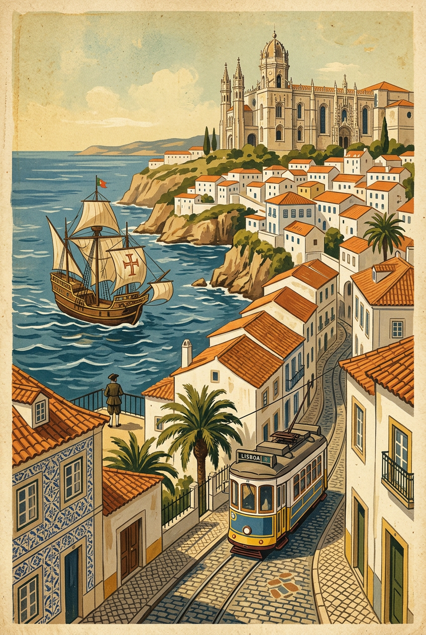 Affiche de Lisbonne vintage, tramway et caravelle
