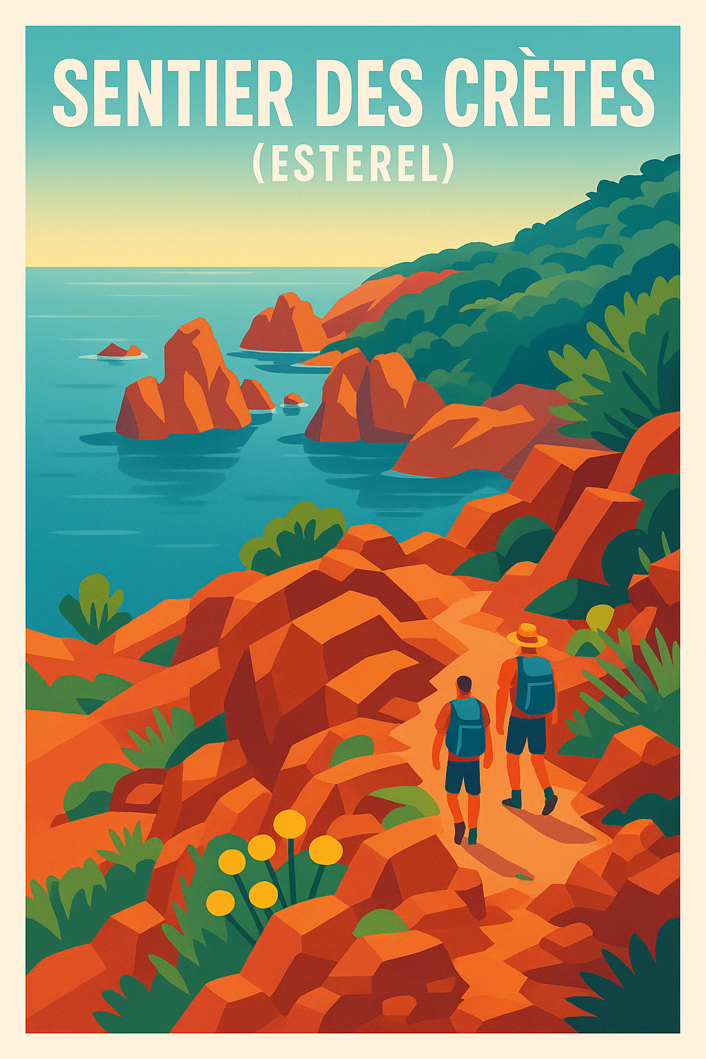 Affiche de Sentier des Crêtes (Esterel) - L'éclat de la roche rouge face à la Méditerranée