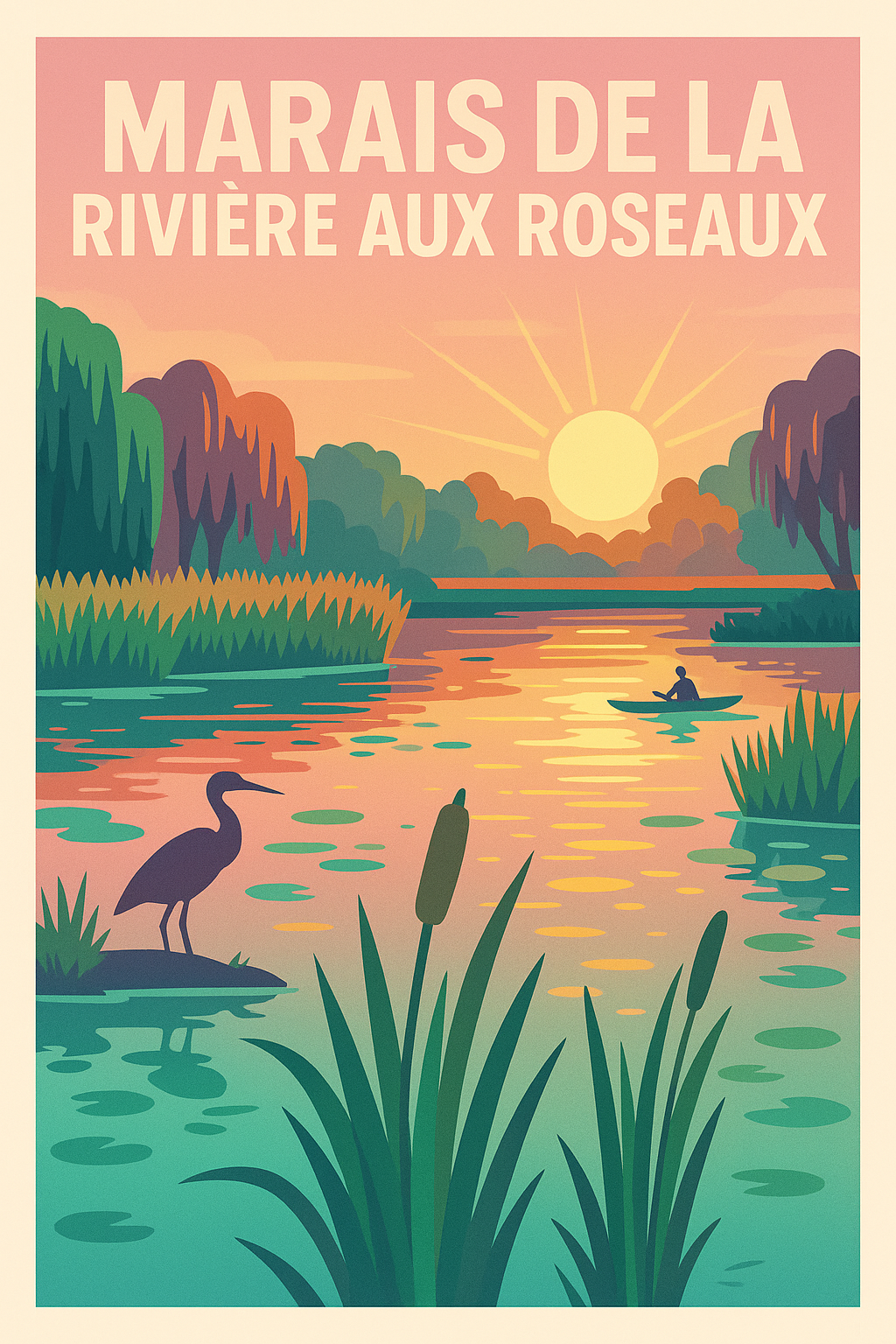 Affiche de Marais de la Rivière aux Roseaux - Évasion sauvage au coucher du soleil