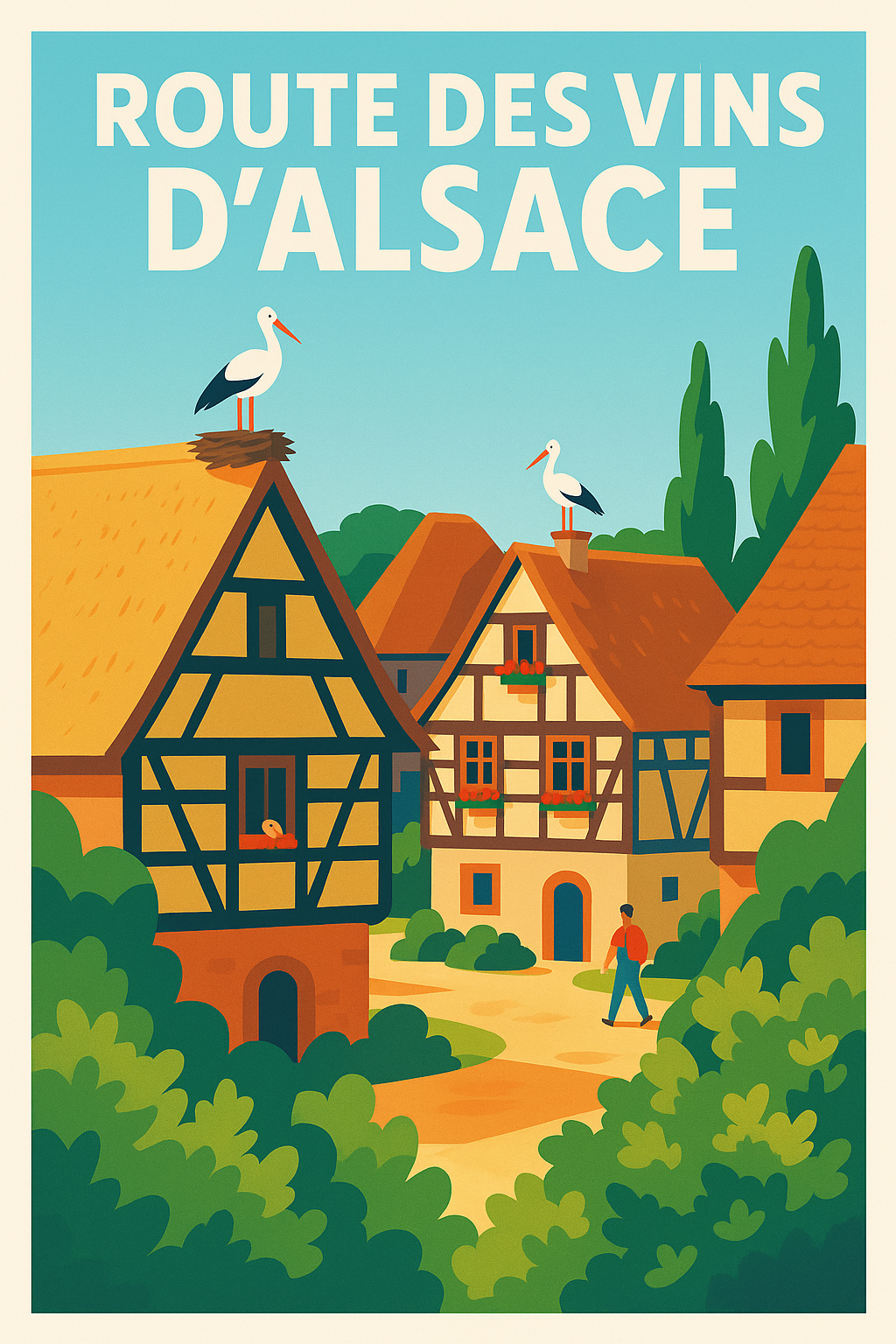 Affiche de Route des Vins d'Alsace - Charme authentique et cigognes