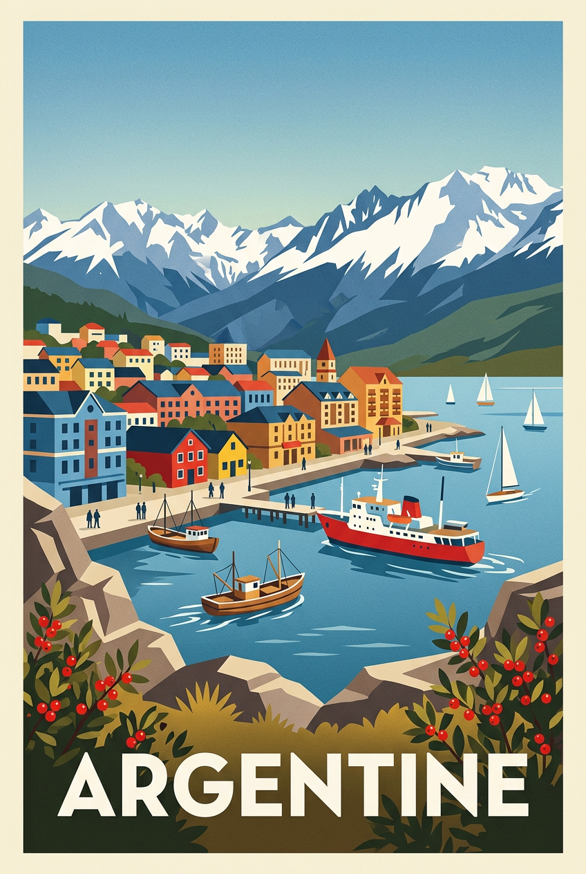 Affiche d'Argentine, port et sommets enneigés | Afich