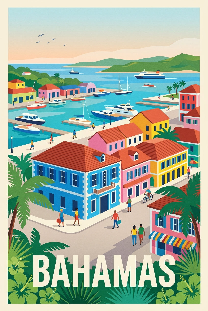 Affiche des Bahamas, maisons colorées et port | Afich