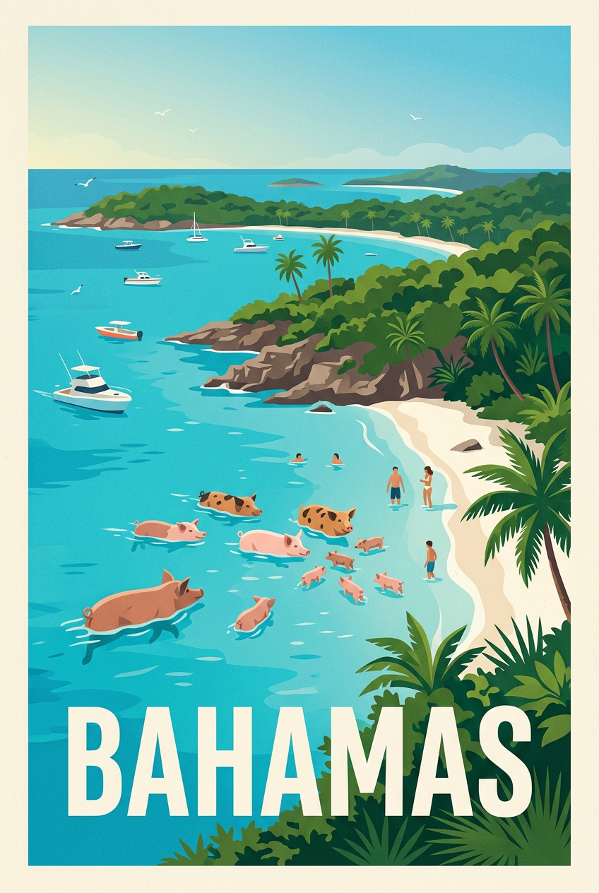 Poster des Bahamas, cochons de Big Major Cay | Afich