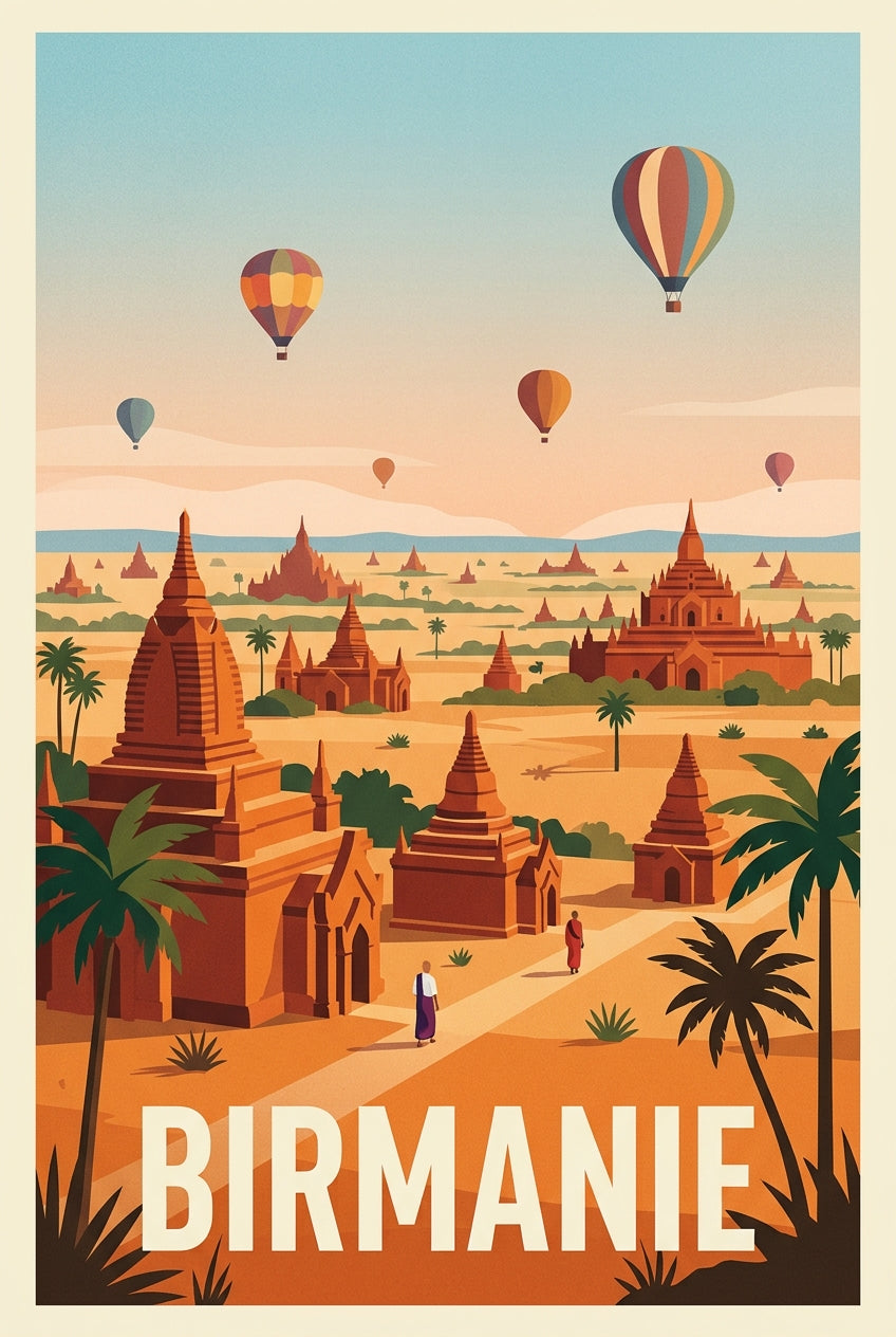 Affiche Birmanie, temples de Bagan et montgolfières