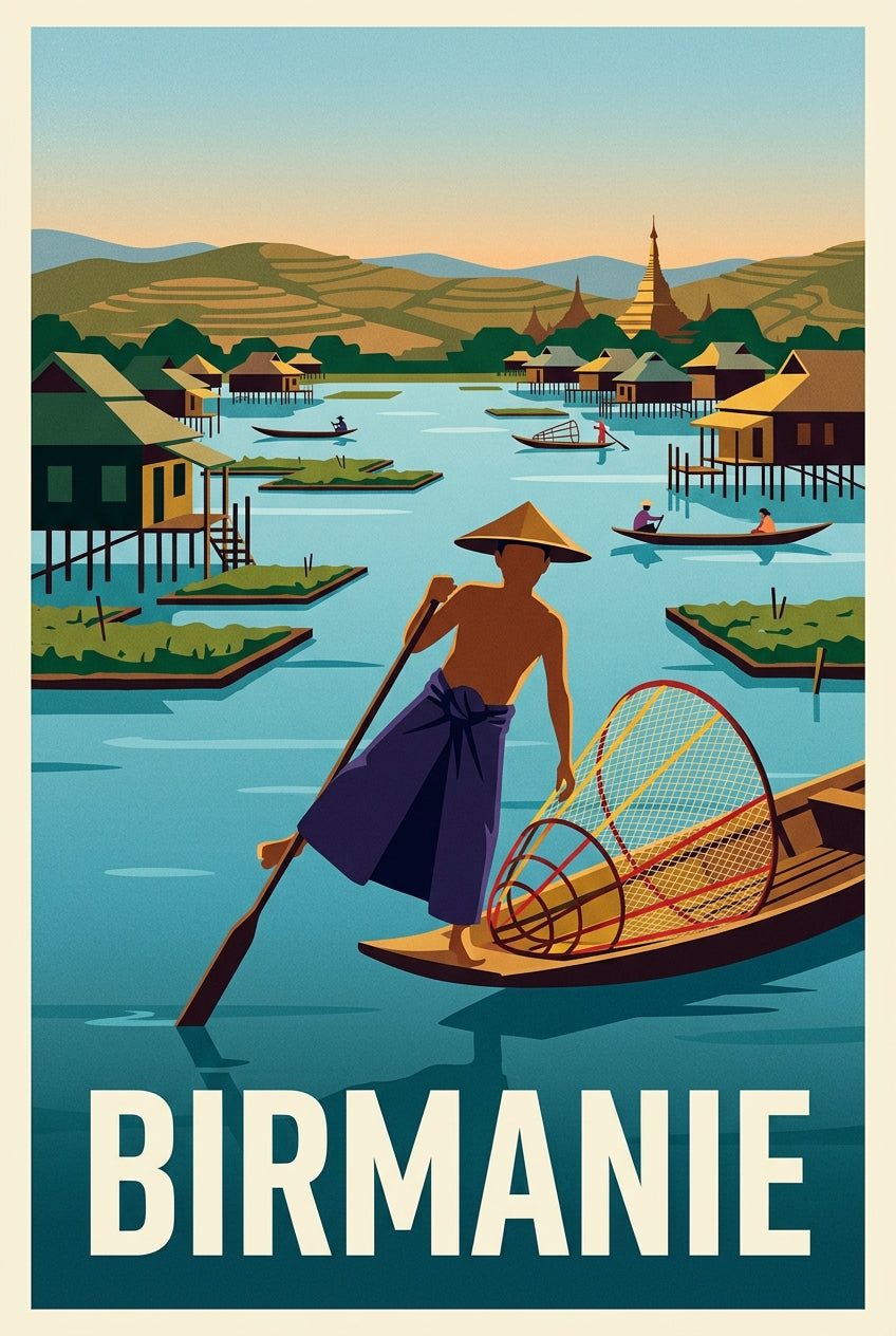 Affiche Birmanie, poster lac Inle et maisons sur pilotis