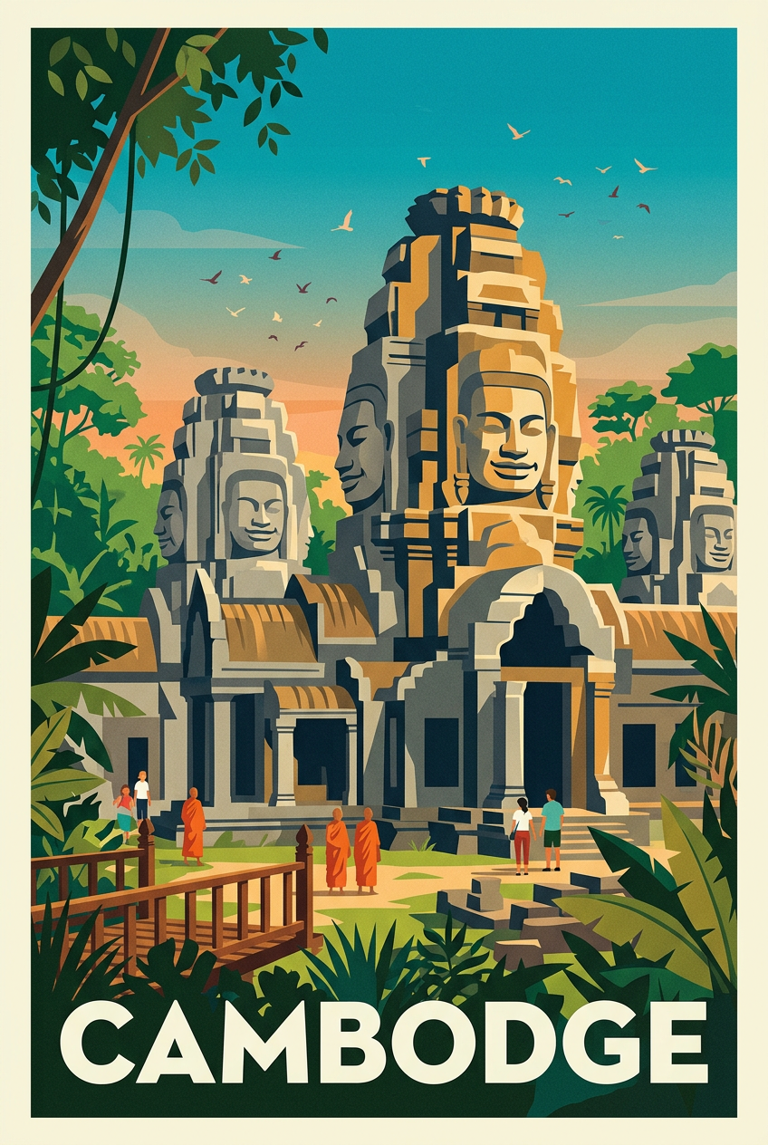 Affiche du Cambodge, temple du Bayon | Afich