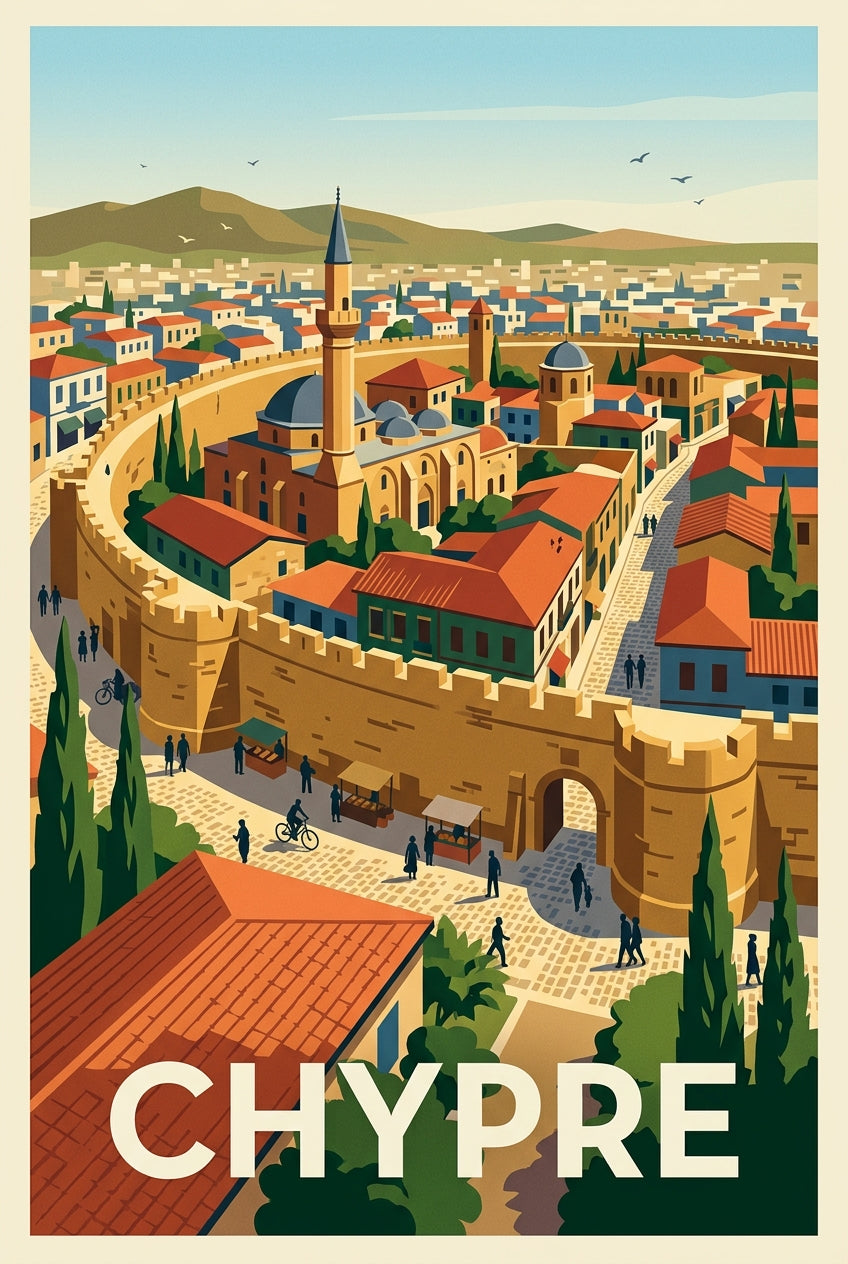 Affiche de Chypre, ville fortifiée et minaret | Afich
