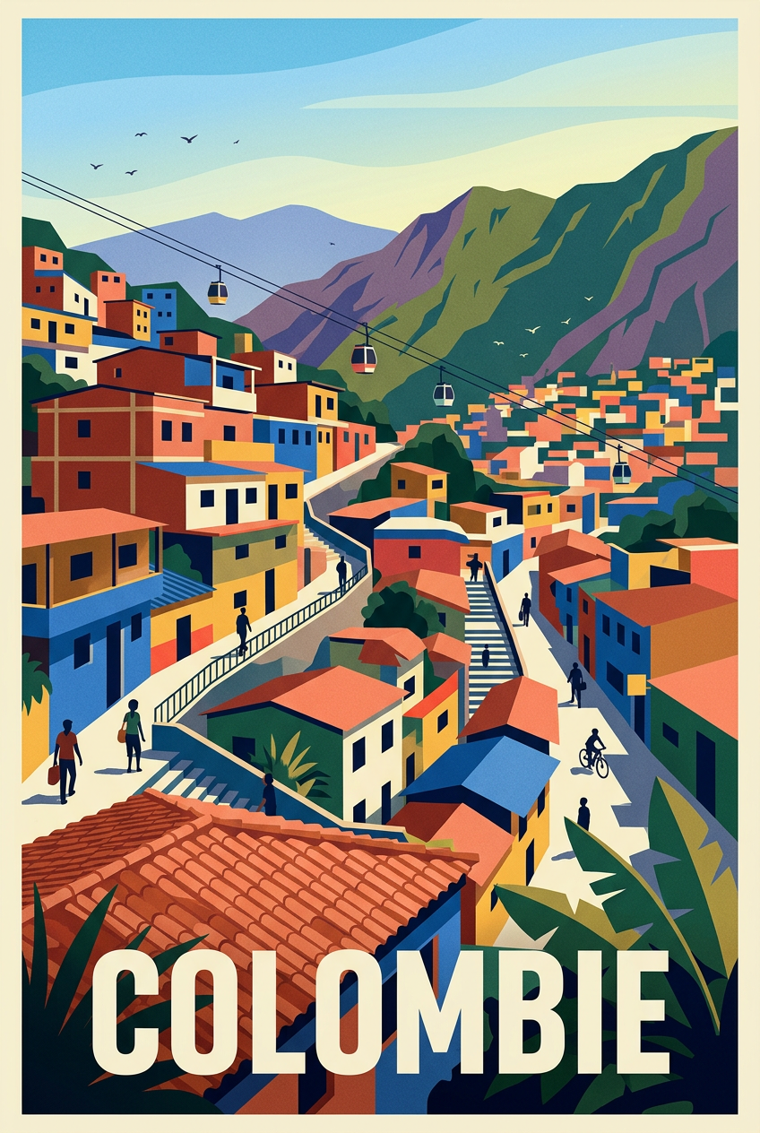 Affiche de Colombie, téléphérique et maisons | Afich
