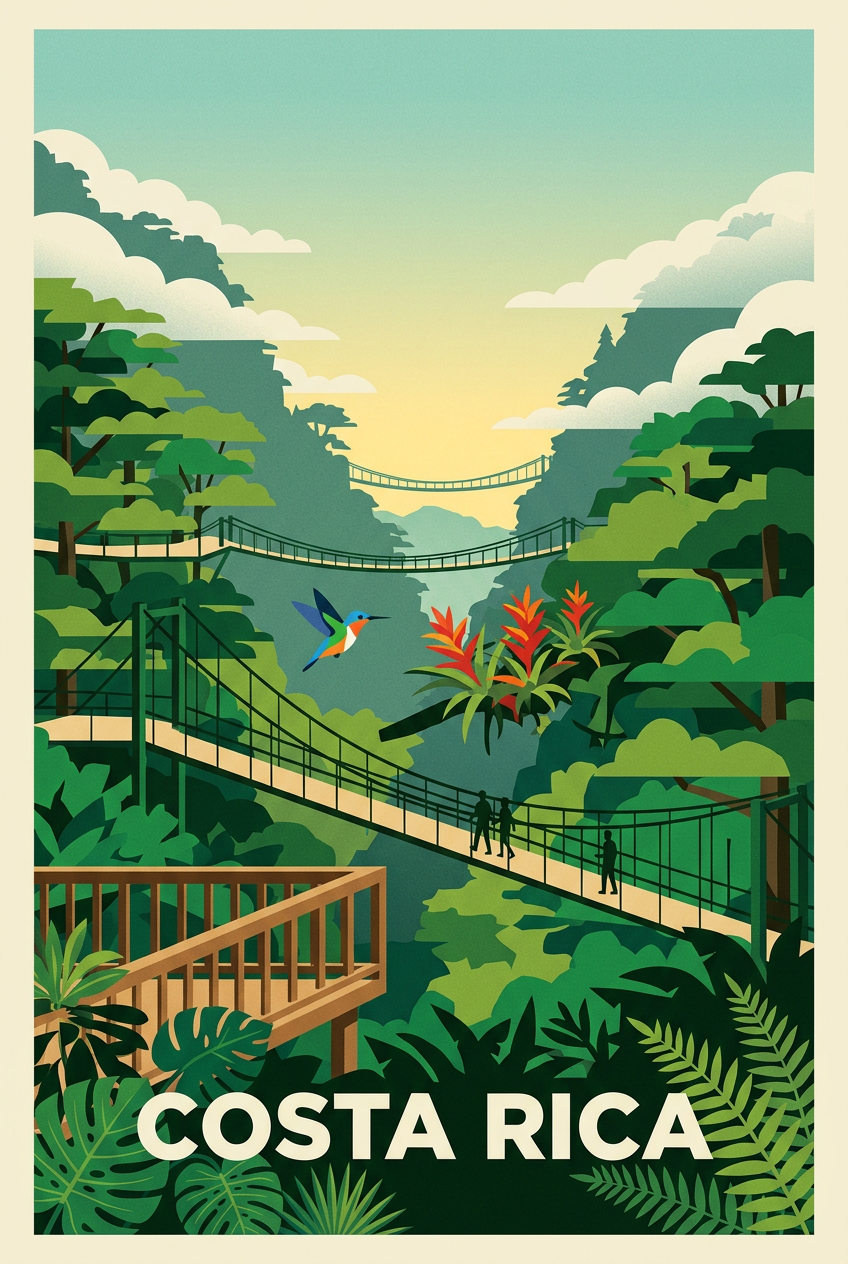 Affiche du Costa Rica, ponts suspendus et colibri