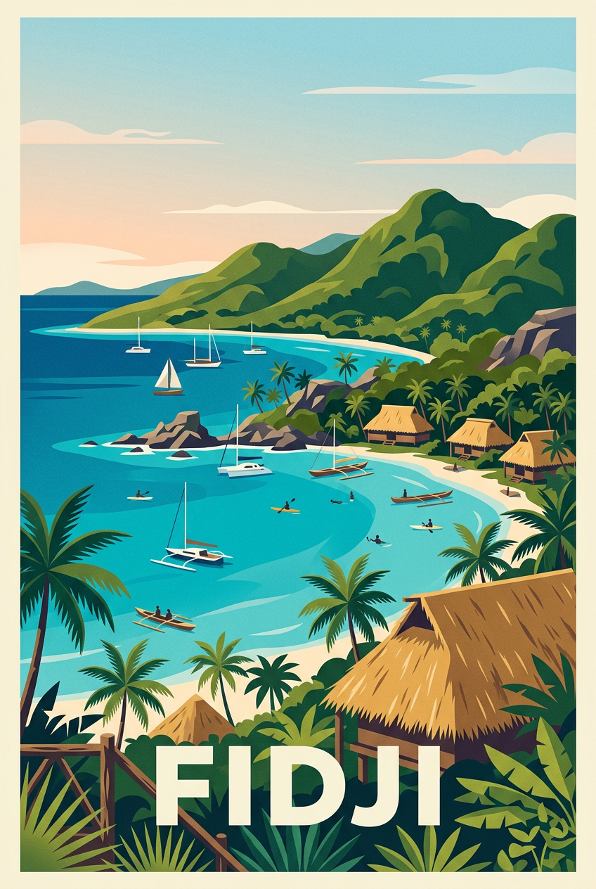 Poster des Fidji, paysage de bungalows et mer | Afich