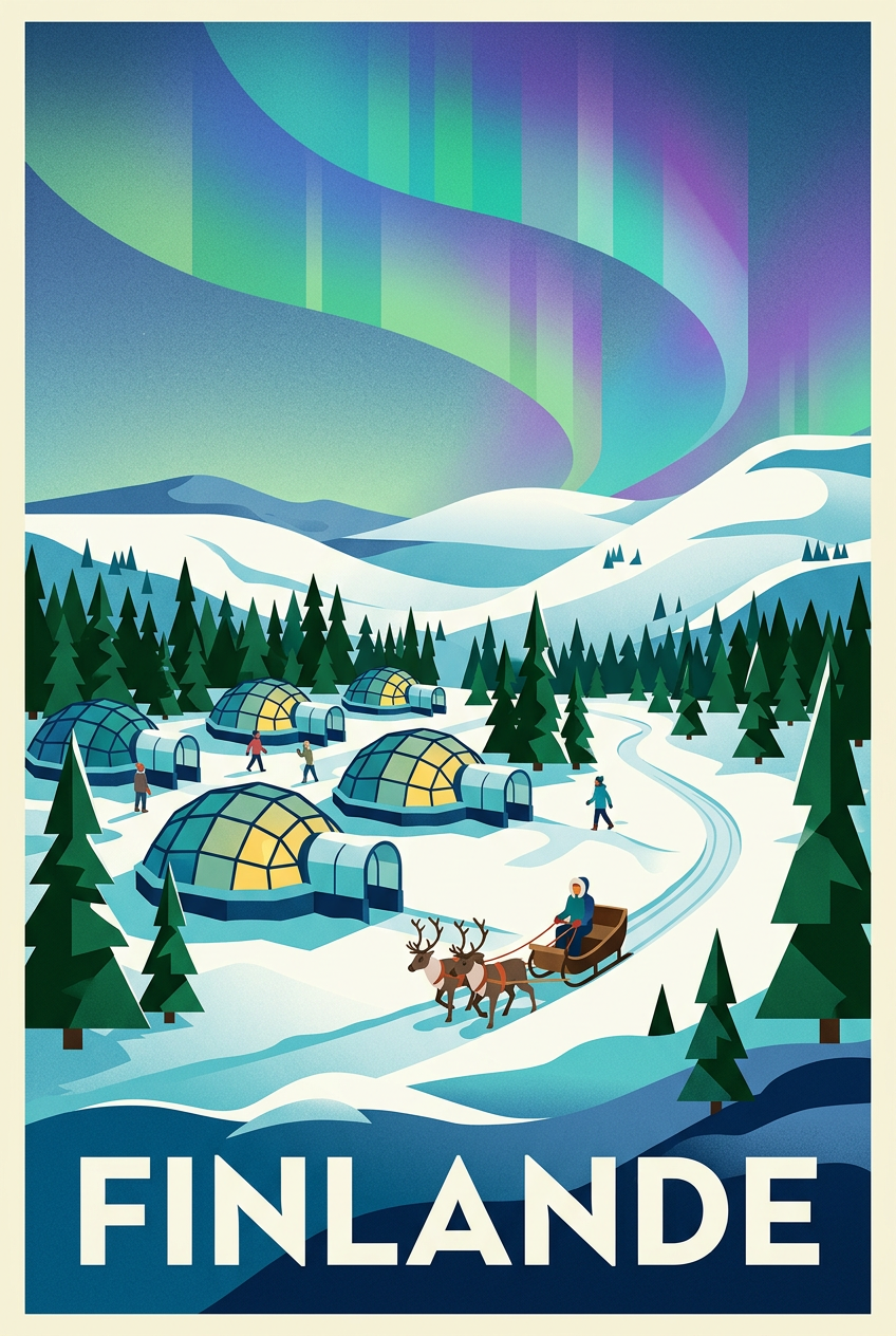 Affiche de Finlande, aurore boréale et igloos | Afich