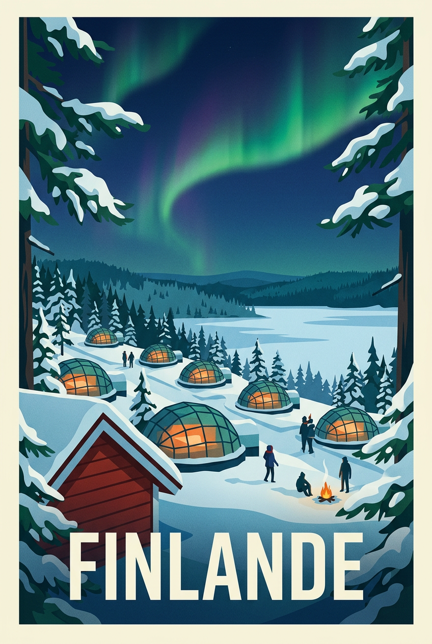Affiche de Finlande, aurore boréale et igloos | Afich