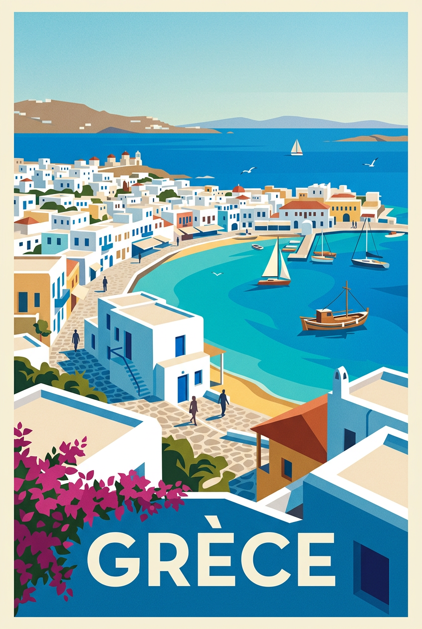 Affiche de Grèce, poster village côtier | Afich