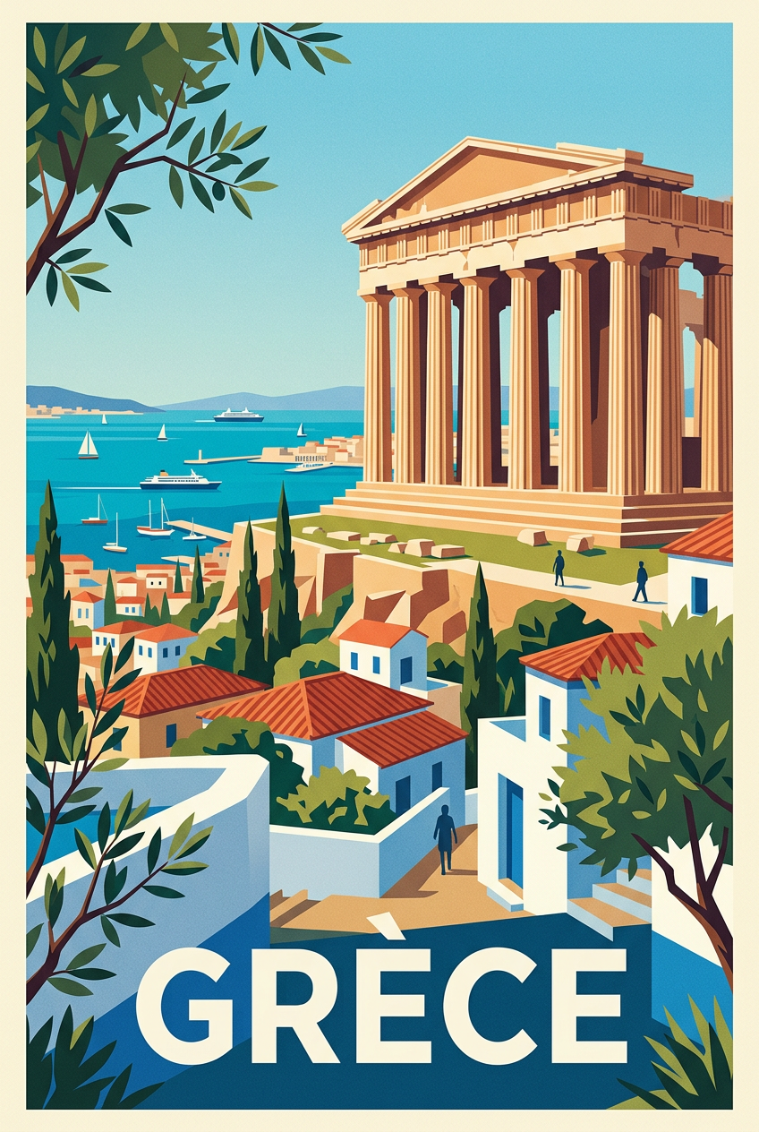 Affiche de Grèce, temple antique et mer | Afich