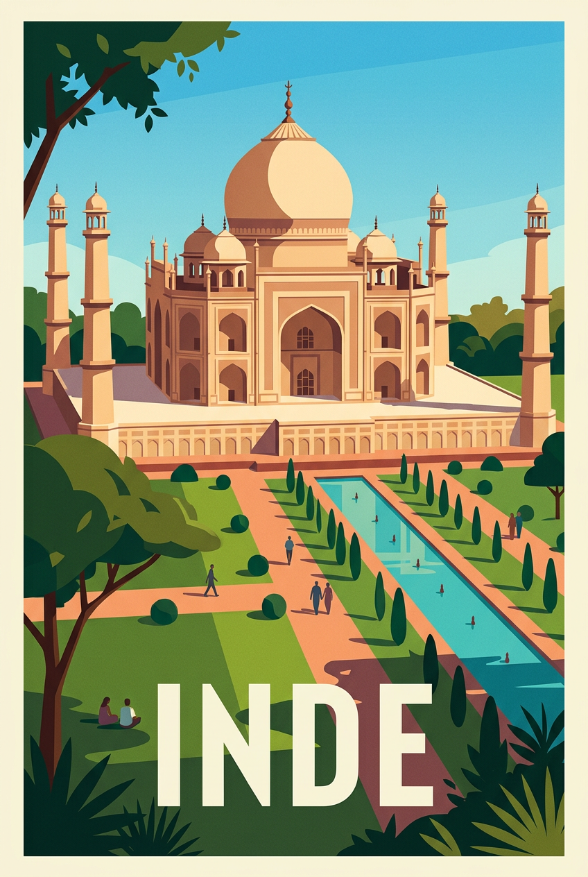 Affiche de l'Inde, Taj Mahal et jardins | Afich