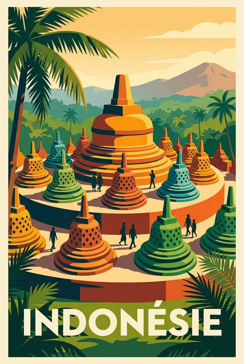 Affiche d'Indonésie, temple de Borobudur | Afich