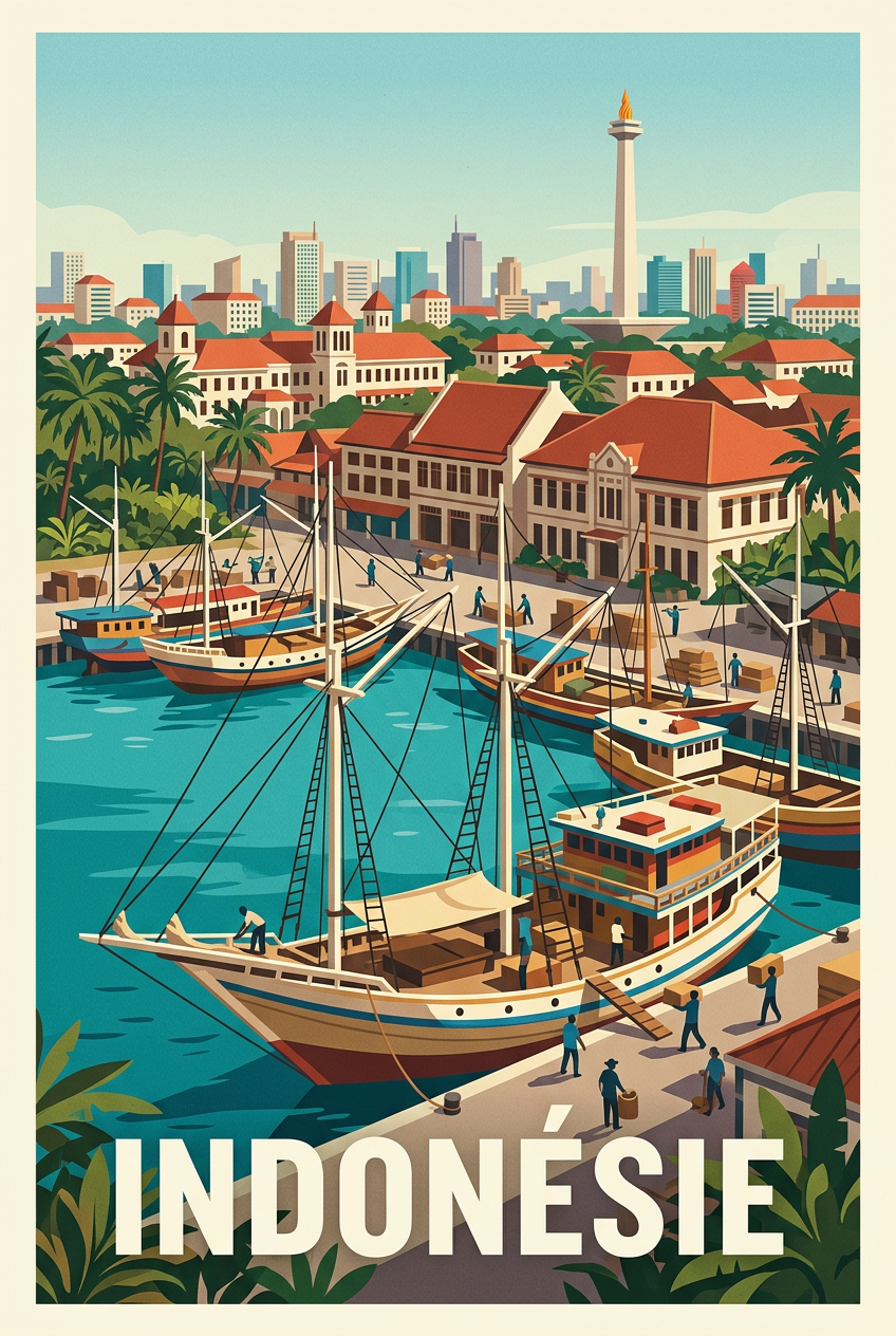 Affiche d'Indonésie, port de Jakarta et Monas | Afich