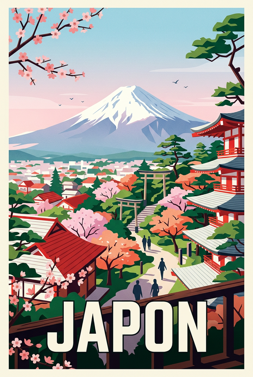 Affiche du Japon, poster Mont Fuji et pagodes | Afich