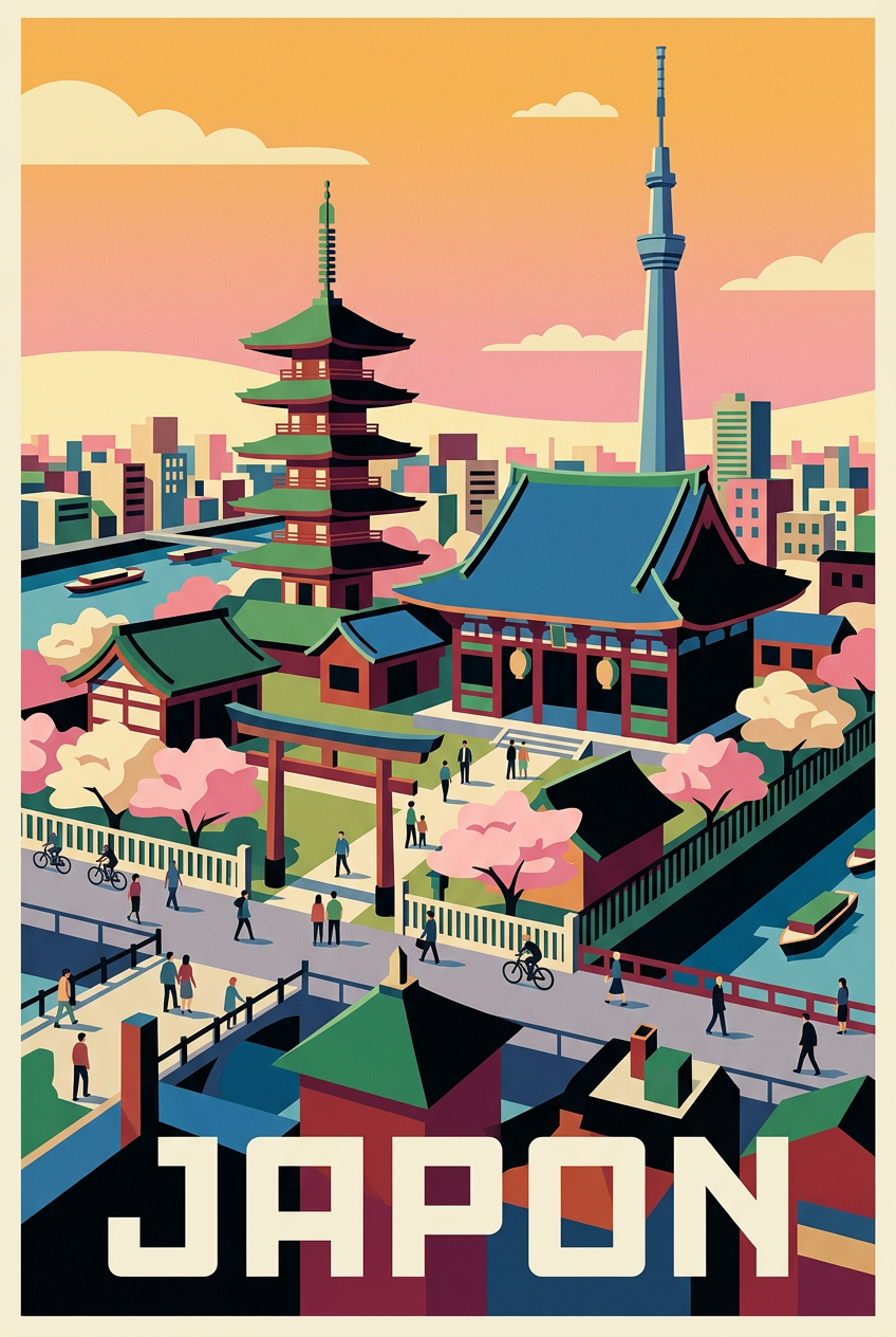 Affiche du Japon, Tokyo et pagode traditionnelle