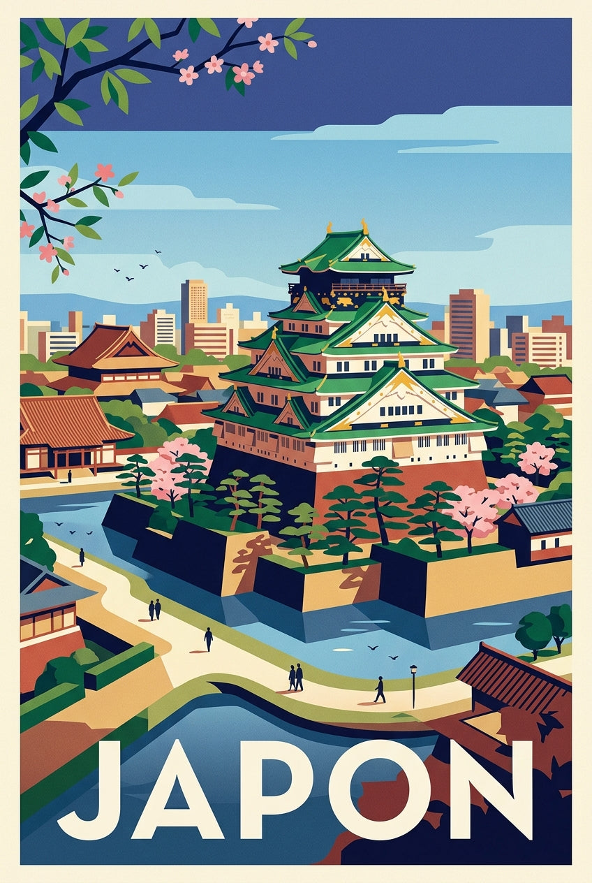 Poster du Japon, château d'Osaka et cerisiers | Afich