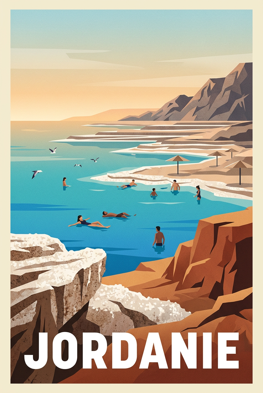 Affiche de Jordanie, la Mer Morte et ses baigneurs