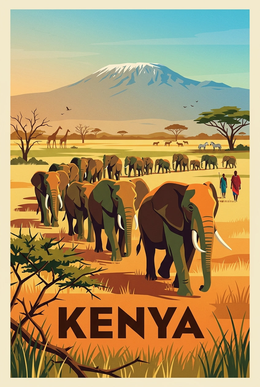Affiche du Kenya, Kilimandjaro et éléphants | Afich