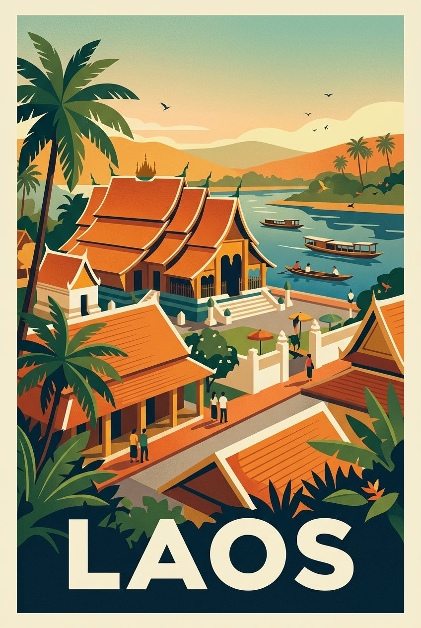 Poster du Laos, décor de temples et bateaux