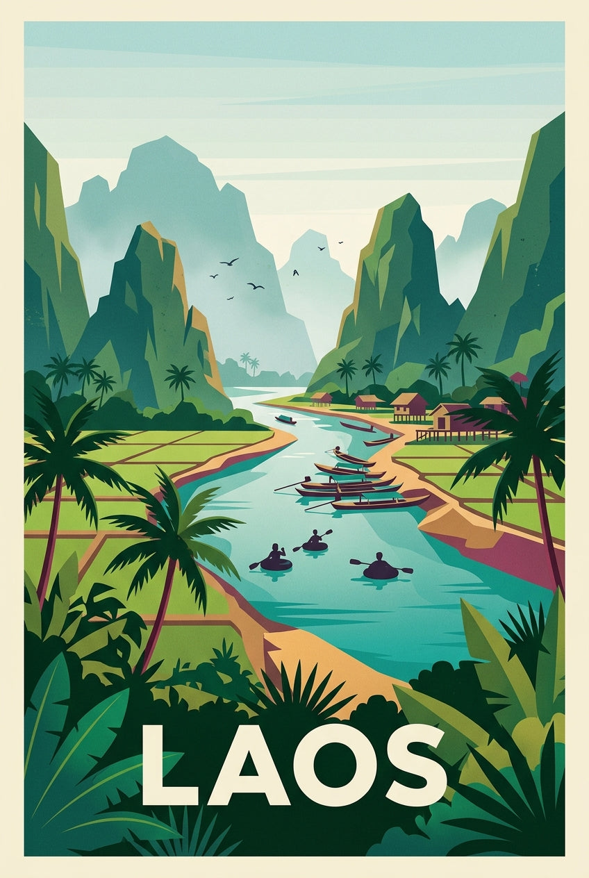 Affiche du Laos, montagnes et rizières | Afich