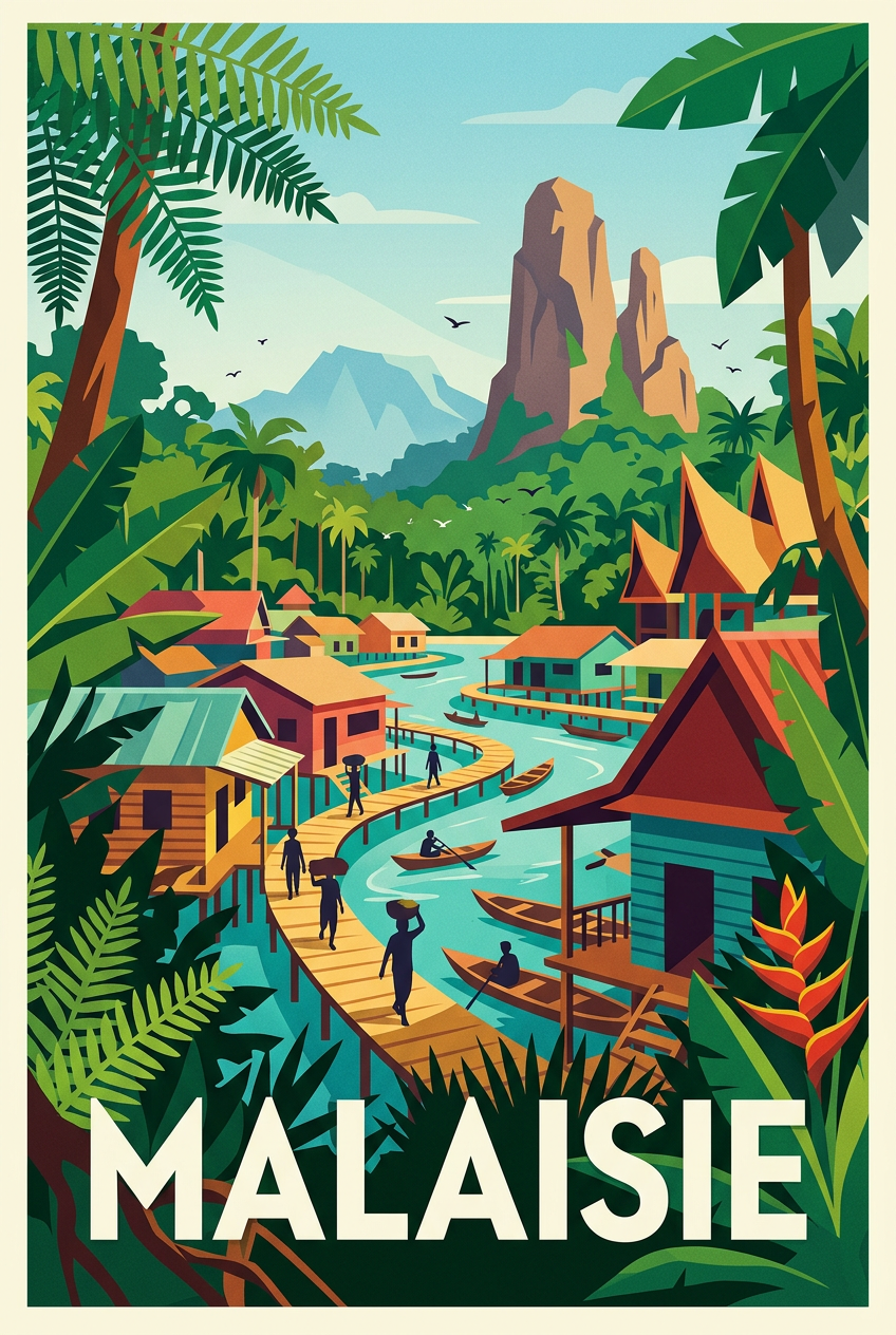 Poster de Malaisie, village sur pilotis
