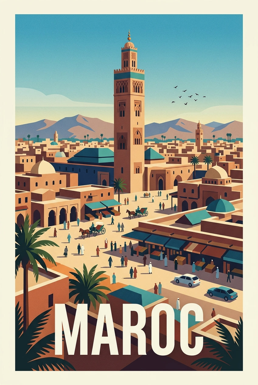 Poster du Maroc, affiche de Marrakech et son minaret