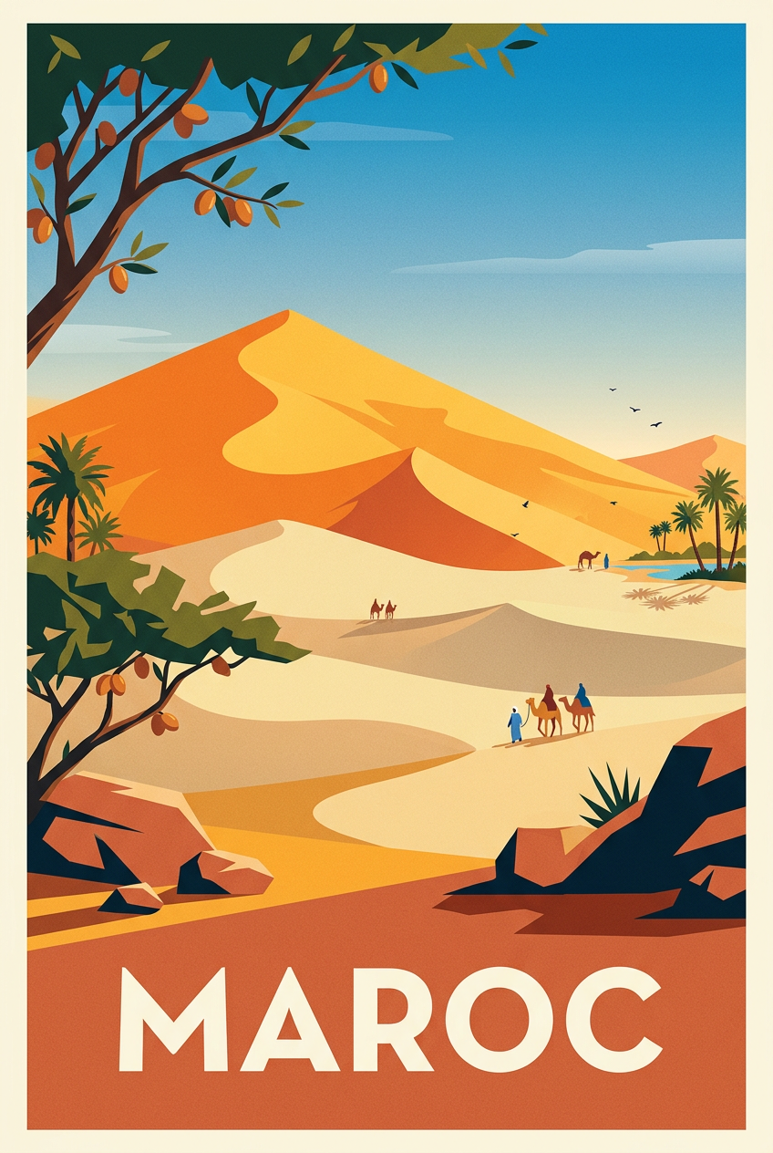 Affiche du Maroc, poster désert et dromadaires | Afich