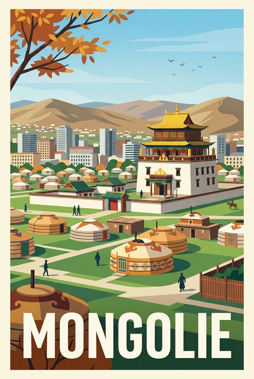 Affiche de la Mongolie, yourtes et temple vintage | Afich