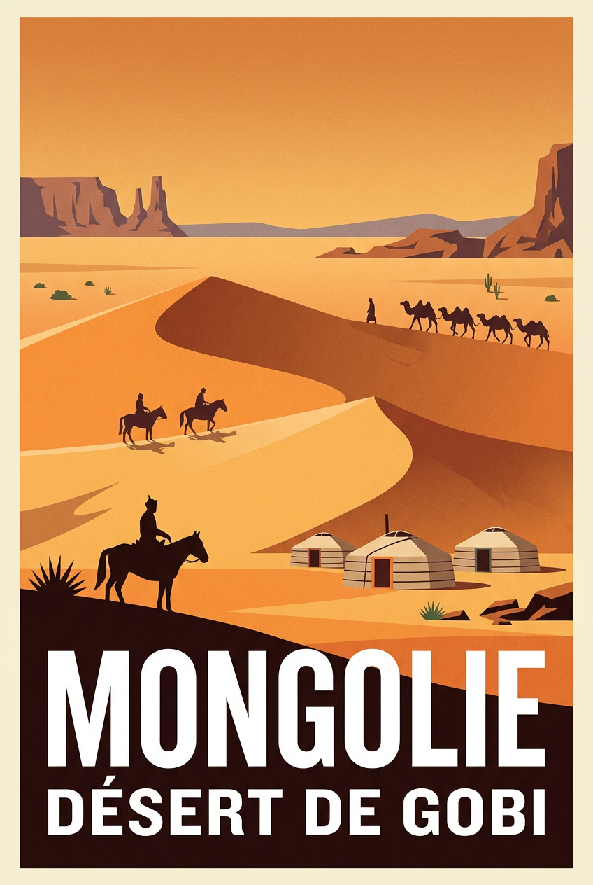 Affiche de Mongolie, Désert de Gobi et yourtes | Afich