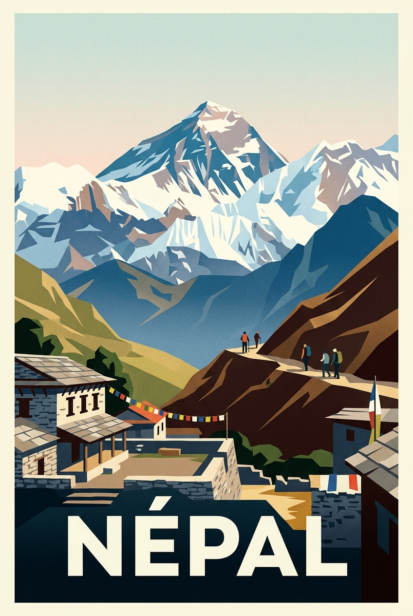 Affiche du Népal, l'Everest et le village | Afich