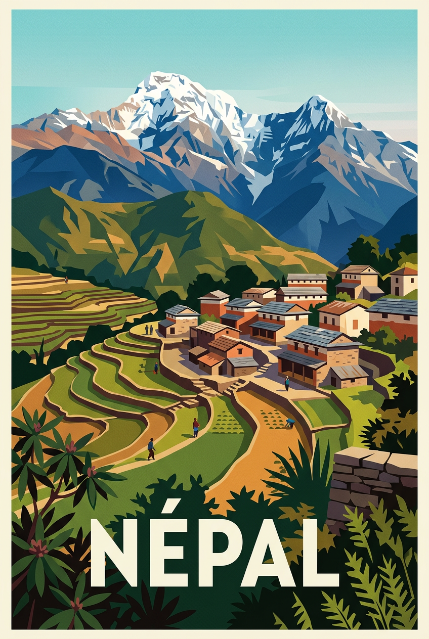 Affiche du Népal, poster Himalaya et village | Afich