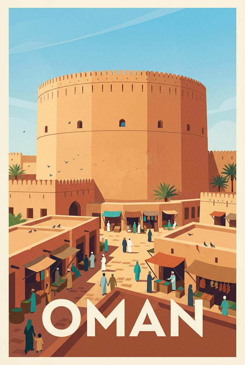 Affiche d'Oman, fort traditionnel et montagnes | Afich