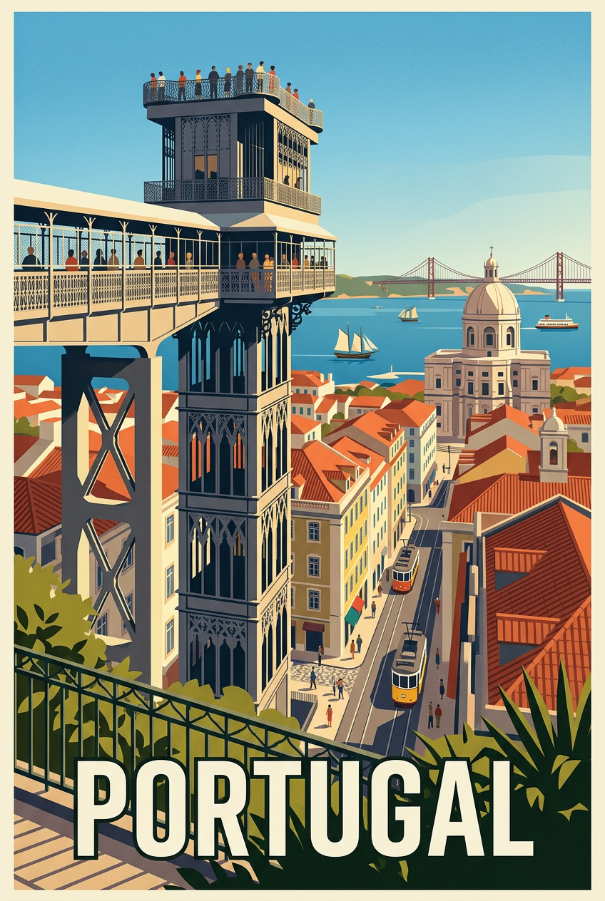 Affiche Portugal, tramway jaune et Lisbonne | Afich